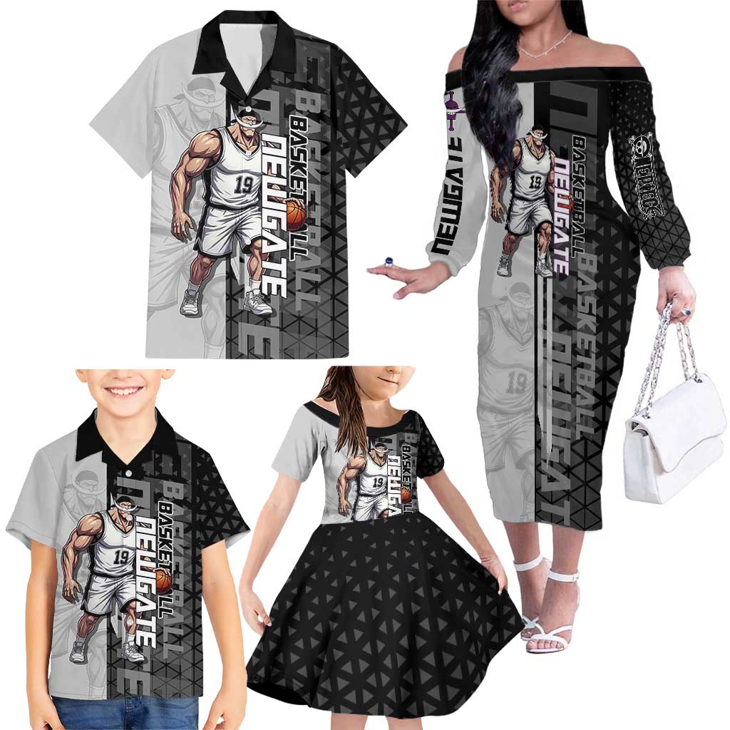 Whitebeard Newgate One Piece Basketball Theme Black and White Design Family Matching Off The Shoulder Long Sleeve Dress and Hawaiian Shirt with Crossed Moustache Emblem and Dominant Pose