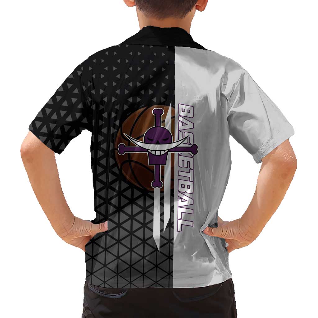 Whitebeard Newgate One Piece Basketball Theme Black and White Design Family Matching Off The Shoulder Long Sleeve Dress and Hawaiian Shirt with Crossed Moustache Emblem and Dominant Pose