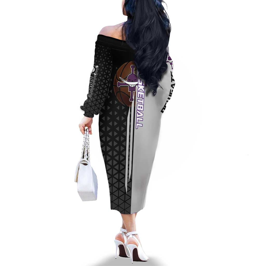 Whitebeard Newgate One Piece Basketball Theme Black and White Design Family Matching Off The Shoulder Long Sleeve Dress and Hawaiian Shirt with Crossed Moustache Emblem and Dominant Pose