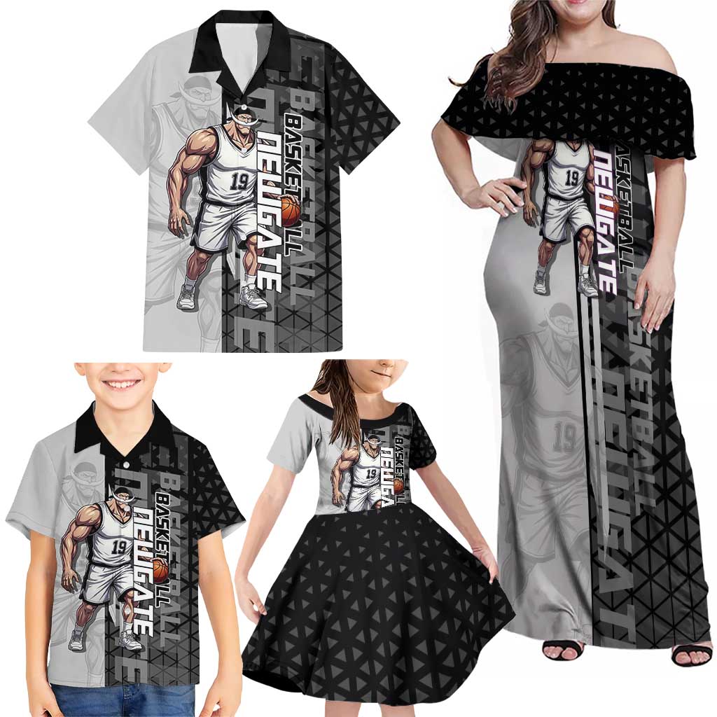 Whitebeard Newgate One Piece Basketball Theme Black and White Design Family Matching Off Shoulder Maxi Dress and Hawaiian Shirt with Crossed Moustache Emblem and Dominant Pose