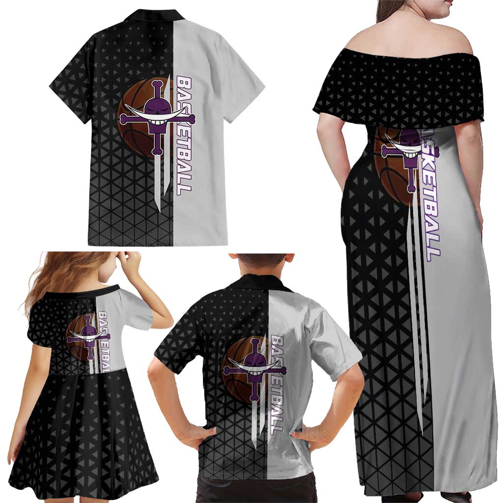 Whitebeard Newgate One Piece Basketball Theme Black and White Design Family Matching Off Shoulder Maxi Dress and Hawaiian Shirt with Crossed Moustache Emblem and Dominant Pose