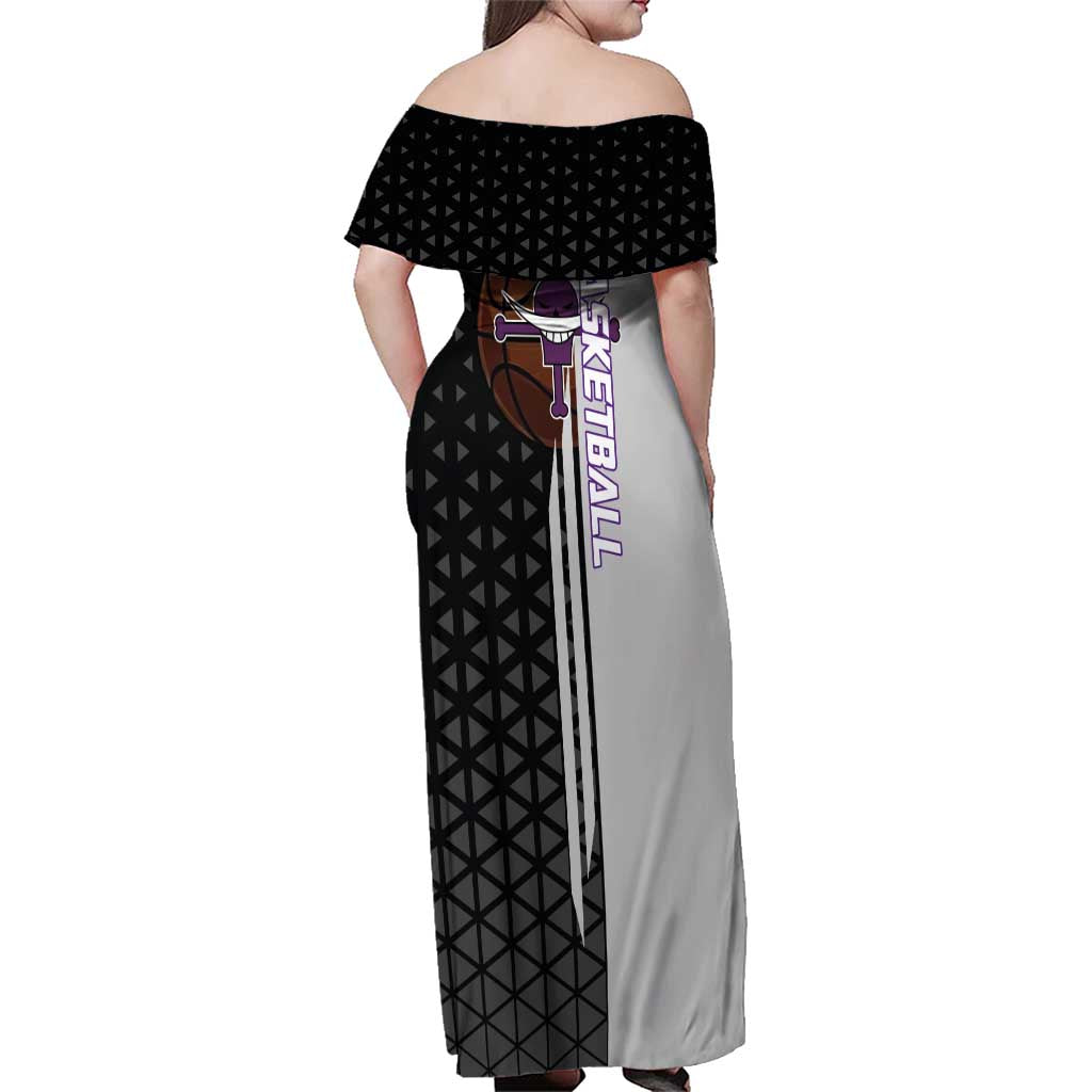 Whitebeard Newgate One Piece Basketball Theme Black and White Design Family Matching Off Shoulder Maxi Dress and Hawaiian Shirt with Crossed Moustache Emblem and Dominant Pose