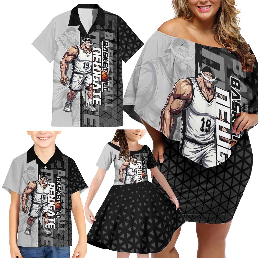 Whitebeard Newgate One Piece Basketball Theme Black and White Design Family Matching Off Shoulder Short Dress and Hawaiian Shirt with Crossed Moustache Emblem and Dominant Pose