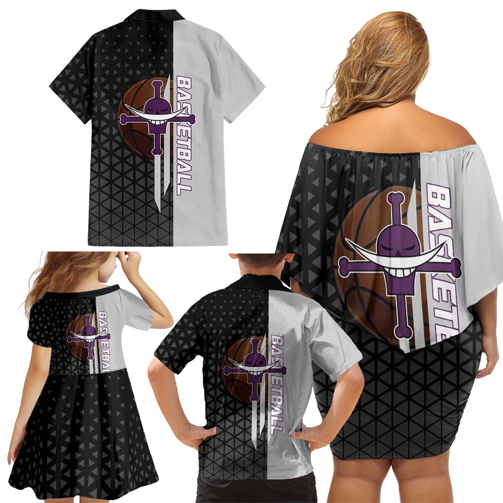 Whitebeard Newgate One Piece Basketball Theme Black and White Design Family Matching Off Shoulder Short Dress and Hawaiian Shirt with Crossed Moustache Emblem and Dominant Pose