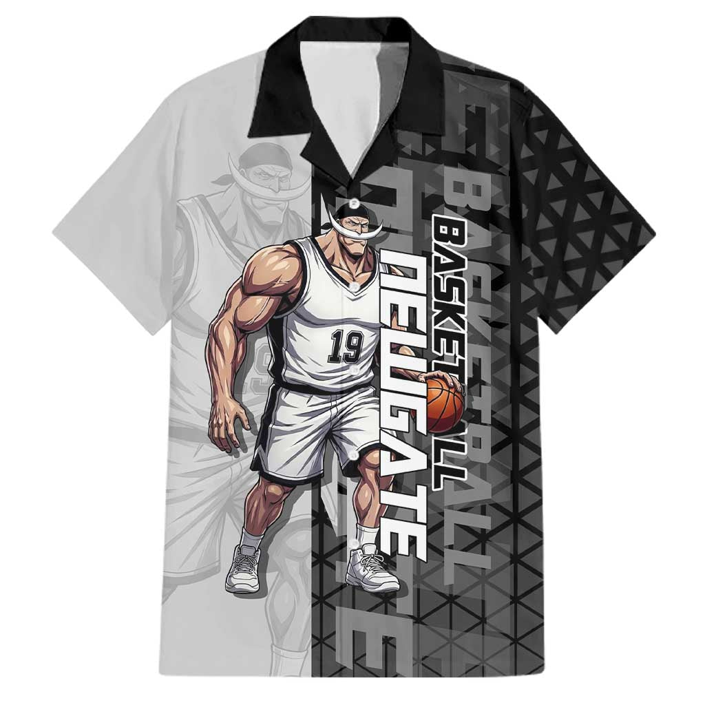 Whitebeard Newgate One Piece Basketball Theme Black and White Design Family Matching Off Shoulder Short Dress and Hawaiian Shirt with Crossed Moustache Emblem and Dominant Pose