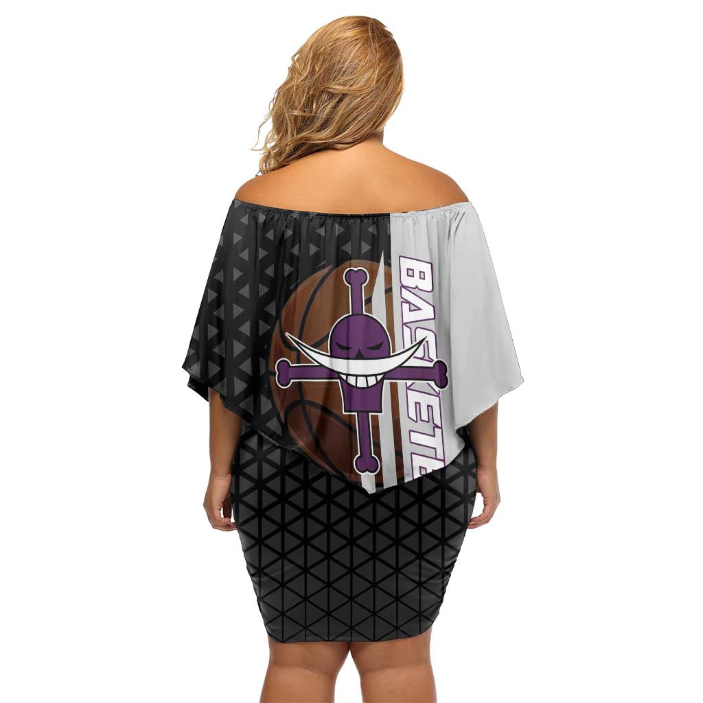 Whitebeard Newgate One Piece Basketball Theme Black and White Design Family Matching Off Shoulder Short Dress and Hawaiian Shirt with Crossed Moustache Emblem and Dominant Pose