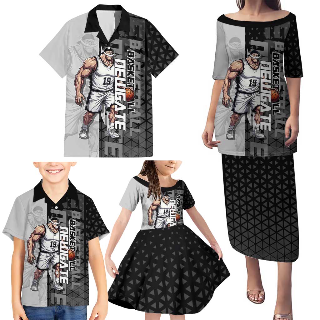 Whitebeard Newgate One Piece Basketball Theme Black and White Design Family Matching Puletasi and Hawaiian Shirt with Crossed Moustache Emblem and Dominant Pose