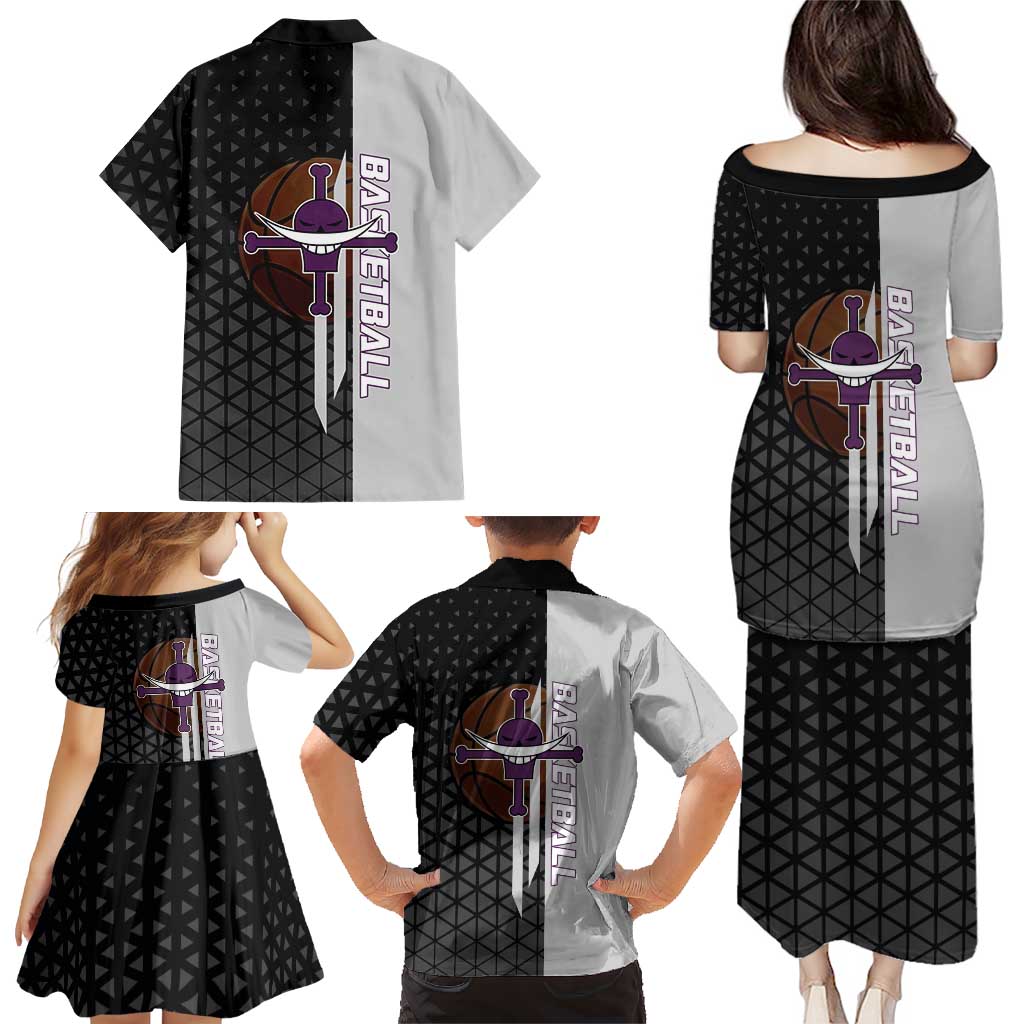 Whitebeard Newgate One Piece Basketball Theme Black and White Design Family Matching Puletasi and Hawaiian Shirt with Crossed Moustache Emblem and Dominant Pose