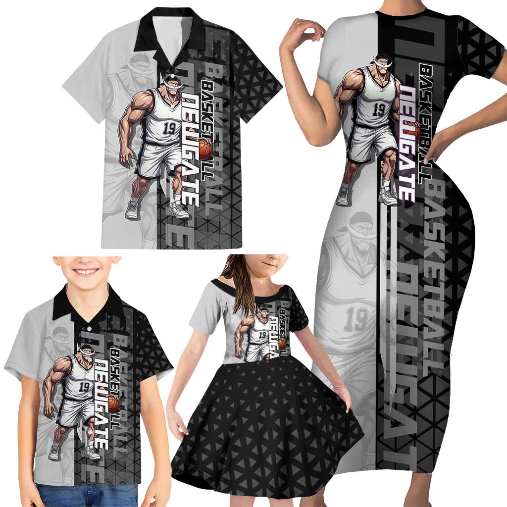 Whitebeard Newgate One Piece Basketball Theme Black and White Design Family Matching Short Sleeve Bodycon Dress and Hawaiian Shirt with Crossed Moustache Emblem and Dominant Pose