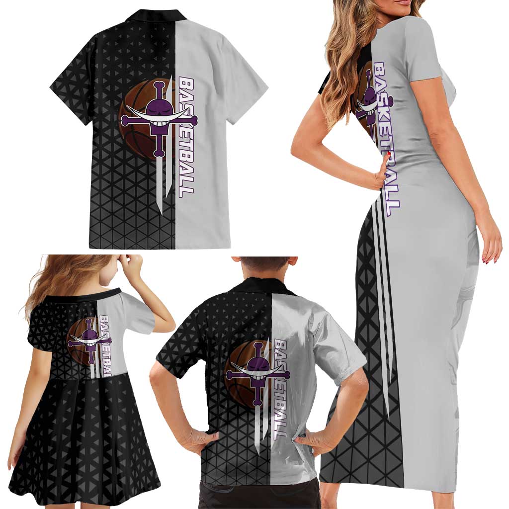Whitebeard Newgate One Piece Basketball Theme Black and White Design Family Matching Short Sleeve Bodycon Dress and Hawaiian Shirt with Crossed Moustache Emblem and Dominant Pose