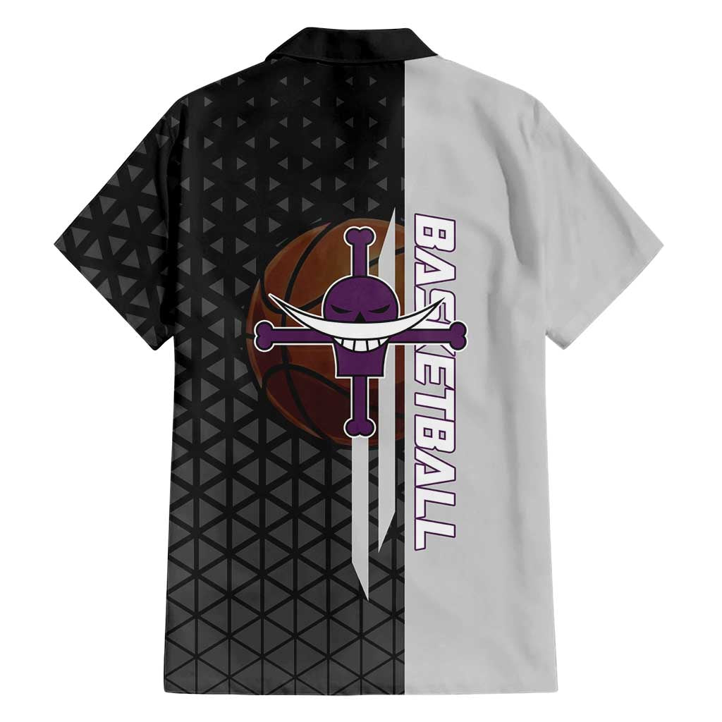 Whitebeard Newgate One Piece Basketball Theme Black and White Design Family Matching Short Sleeve Bodycon Dress and Hawaiian Shirt with Crossed Moustache Emblem and Dominant Pose
