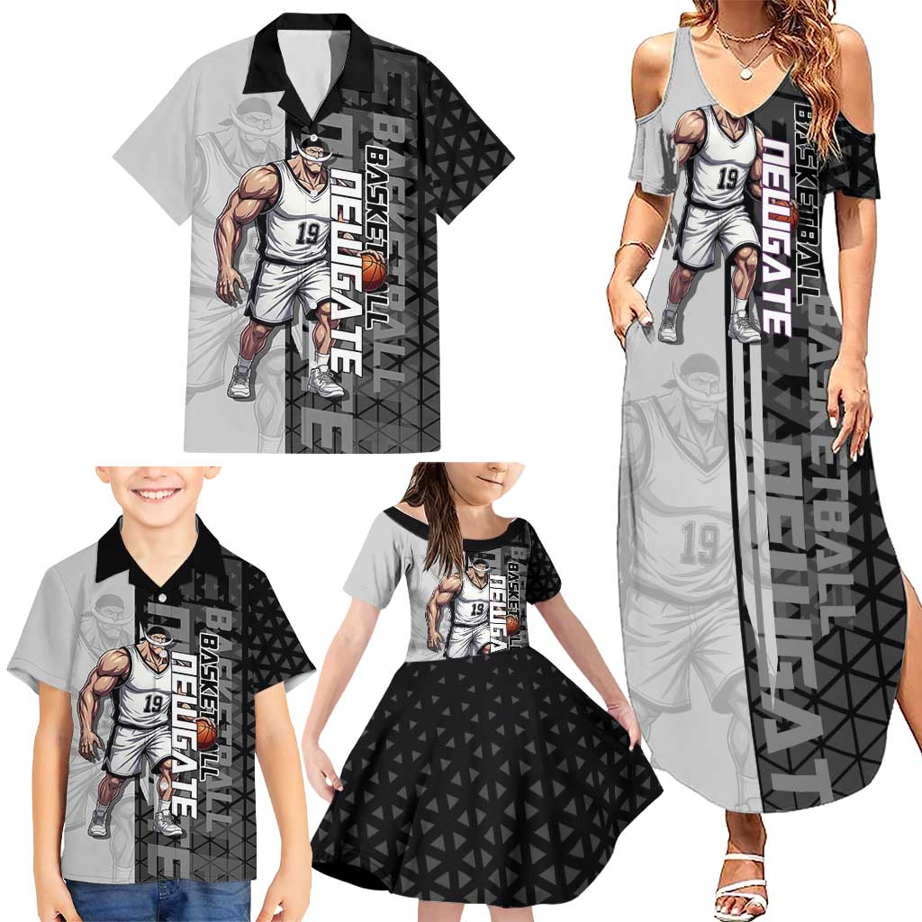 Whitebeard Newgate One Piece Basketball Theme Black and White Design Family Matching Summer Maxi Dress and Hawaiian Shirt with Crossed Moustache Emblem and Dominant Pose