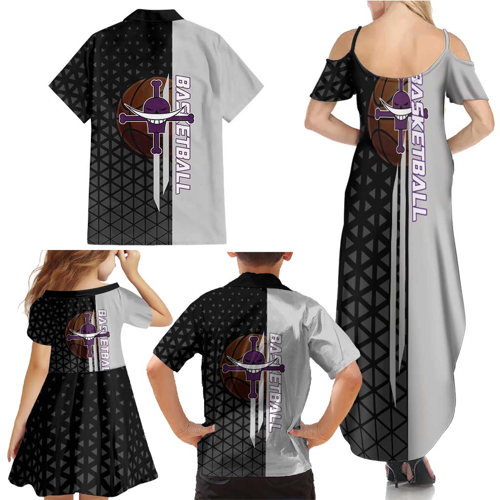 Whitebeard Newgate One Piece Basketball Theme Black and White Design Family Matching Summer Maxi Dress and Hawaiian Shirt with Crossed Moustache Emblem and Dominant Pose