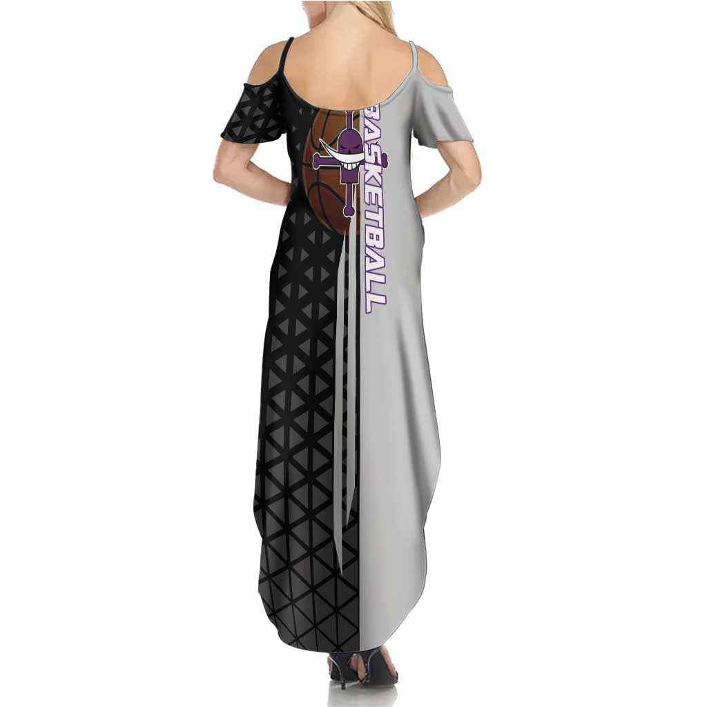 Whitebeard Newgate One Piece Basketball Theme Black and White Design Family Matching Summer Maxi Dress and Hawaiian Shirt with Crossed Moustache Emblem and Dominant Pose
