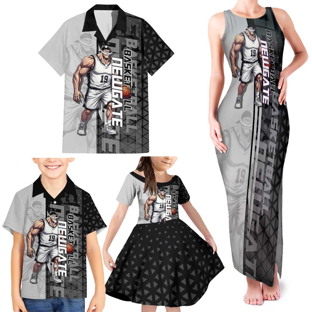Whitebeard Newgate One Piece Basketball Theme Black and White Design Family Matching Tank Maxi Dress and Hawaiian Shirt with Crossed Moustache Emblem and Dominant Pose