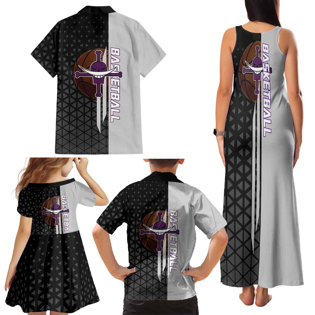 Whitebeard Newgate One Piece Basketball Theme Black and White Design Family Matching Tank Maxi Dress and Hawaiian Shirt with Crossed Moustache Emblem and Dominant Pose
