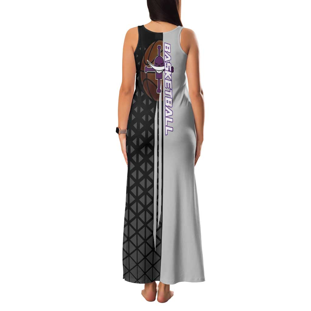 Whitebeard Newgate One Piece Basketball Theme Black and White Design Family Matching Tank Maxi Dress and Hawaiian Shirt with Crossed Moustache Emblem and Dominant Pose