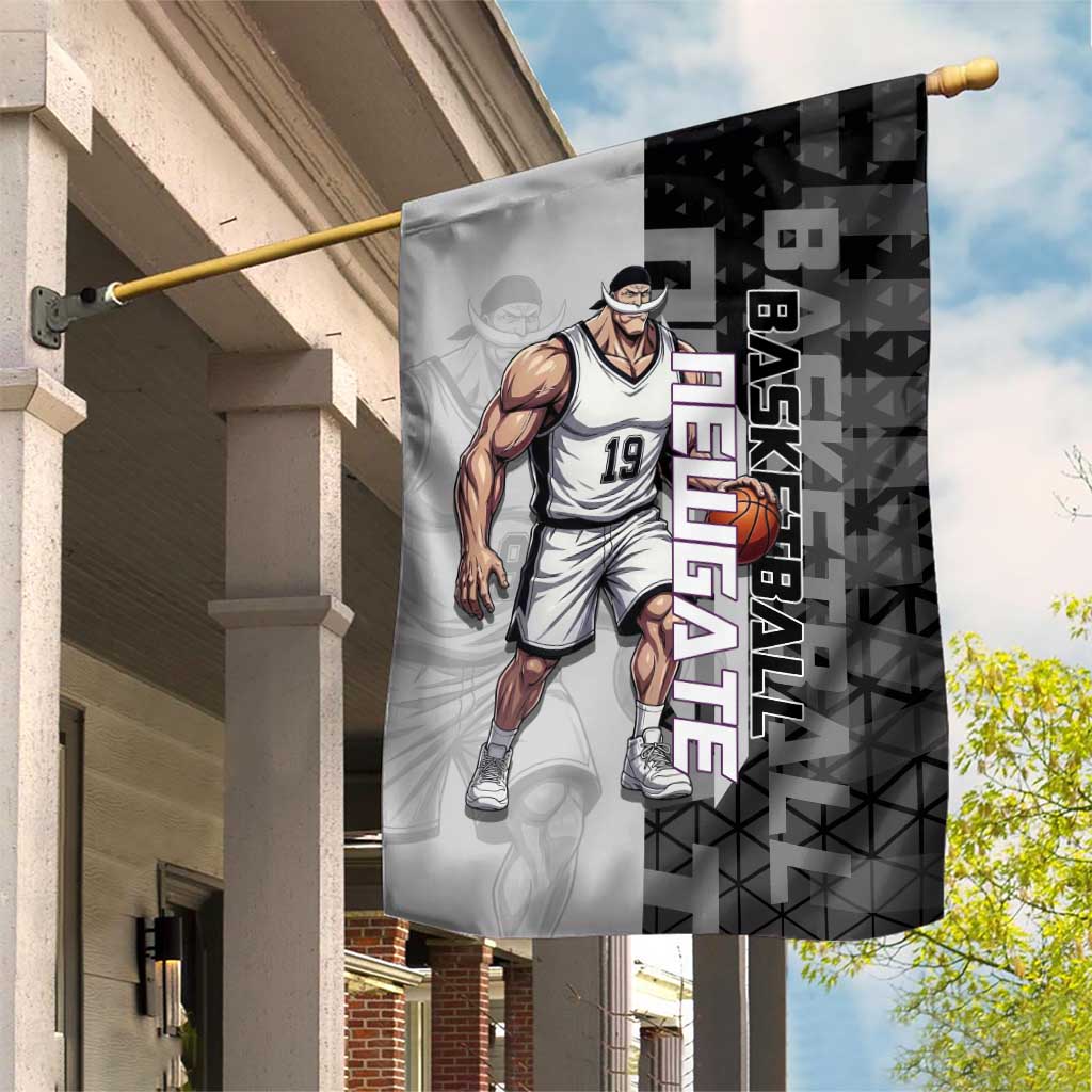 Whitebeard Newgate One Piece Basketball Theme Black and White Design Garden Flag with Crossed Moustache Emblem and Dominant Pose - The Mazicc