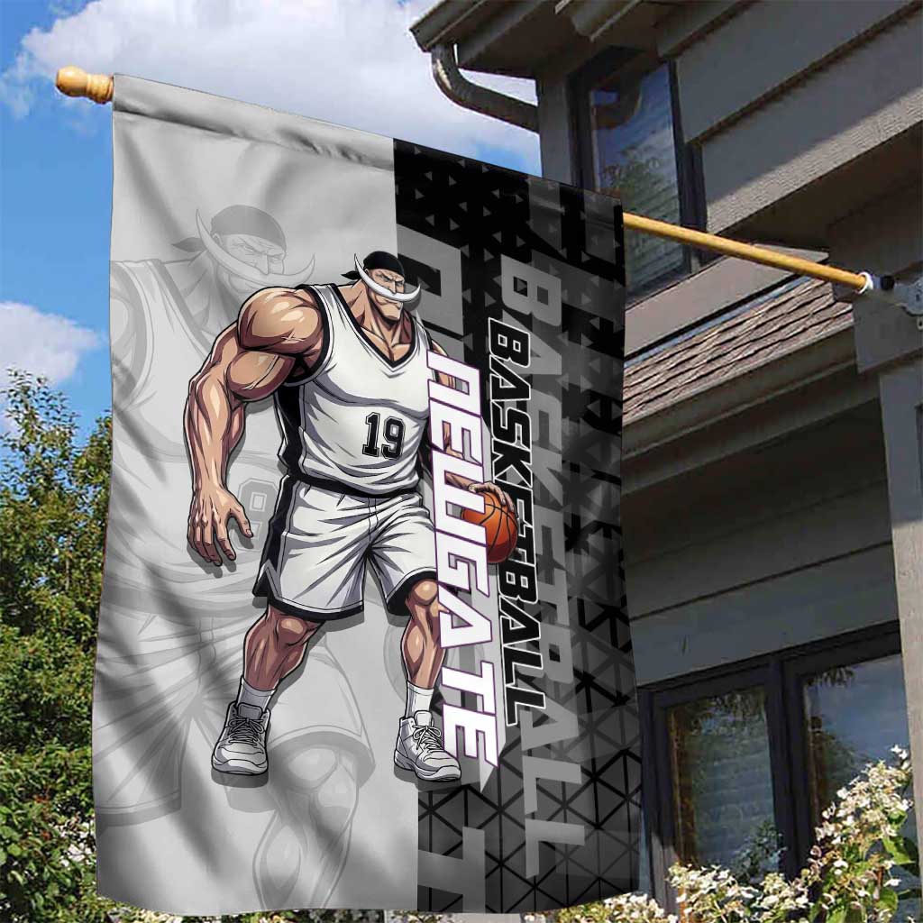 Whitebeard Newgate One Piece Basketball Theme Black and White Design Garden Flag with Crossed Moustache Emblem and Dominant Pose - The Mazicc