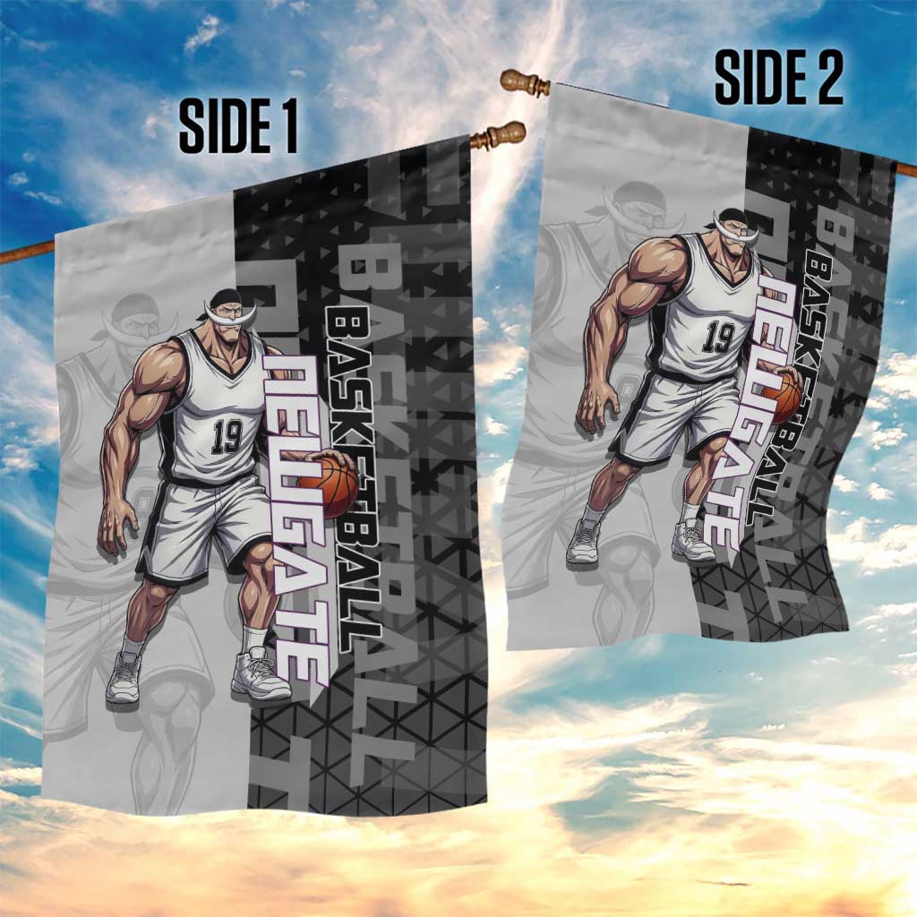 Whitebeard Newgate One Piece Basketball Theme Black and White Design Garden Flag with Crossed Moustache Emblem and Dominant Pose - The Mazicc