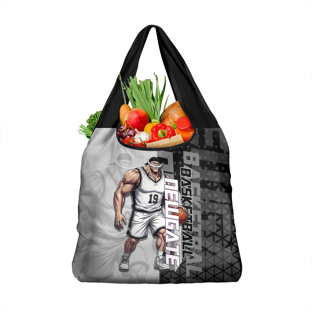 Whitebeard Newgate One Piece Basketball Theme Black and White Design Grocery Bag with Crossed Moustache Emblem and Dominant Pose - The Mazicc