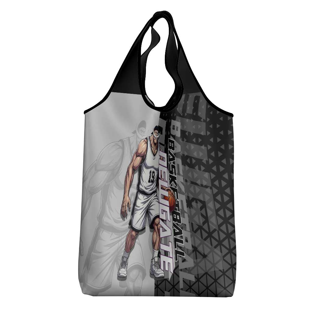 Whitebeard Newgate One Piece Basketball Theme Black and White Design Grocery Bag with Crossed Moustache Emblem and Dominant Pose - The Mazicc