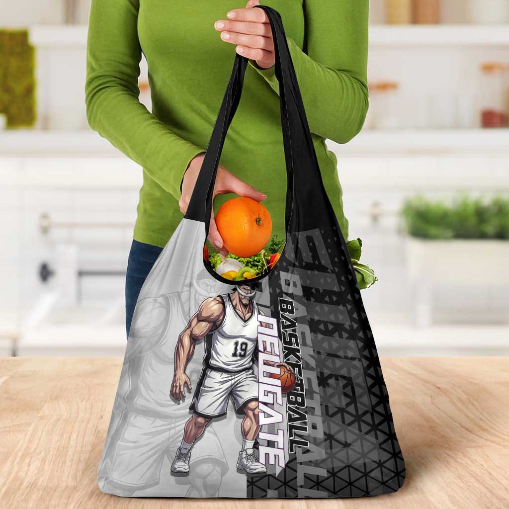 Whitebeard Newgate One Piece Basketball Theme Black and White Design Grocery Bag with Crossed Moustache Emblem and Dominant Pose - The Mazicc