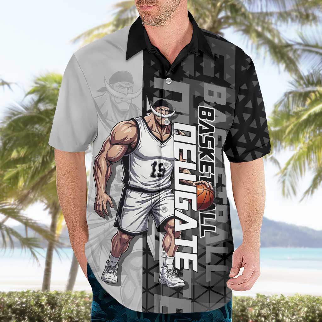 Whitebeard Newgate One Piece Basketball Theme Black and White Design Hawaiian Shirt with Crossed Moustache Emblem and Dominant Pose - The Mazicc