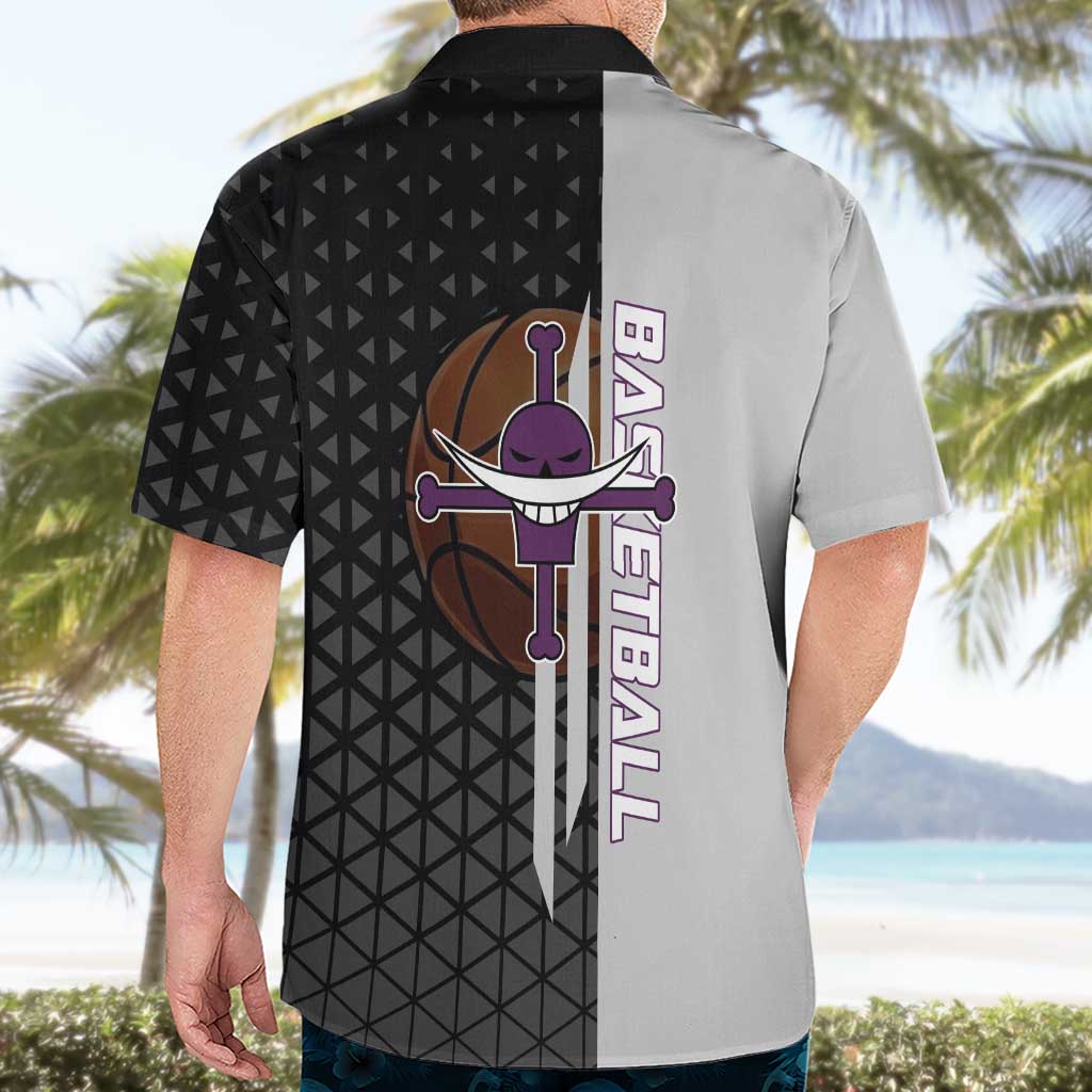 Whitebeard Newgate One Piece Basketball Theme Black and White Design Hawaiian Shirt with Crossed Moustache Emblem and Dominant Pose - The Mazicc