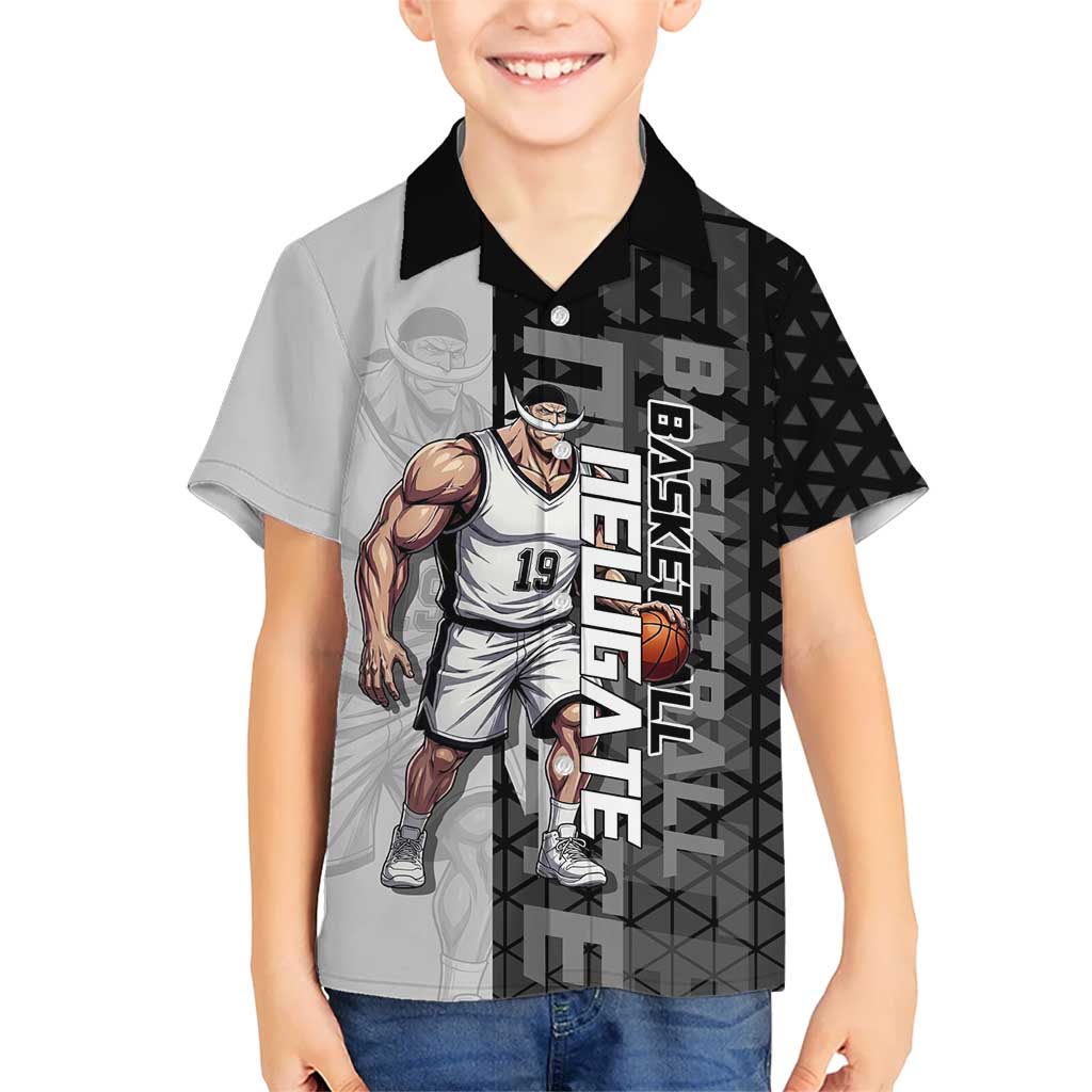 Whitebeard Newgate One Piece Basketball Theme Black and White Design Hawaiian Shirt with Crossed Moustache Emblem and Dominant Pose - The Mazicc