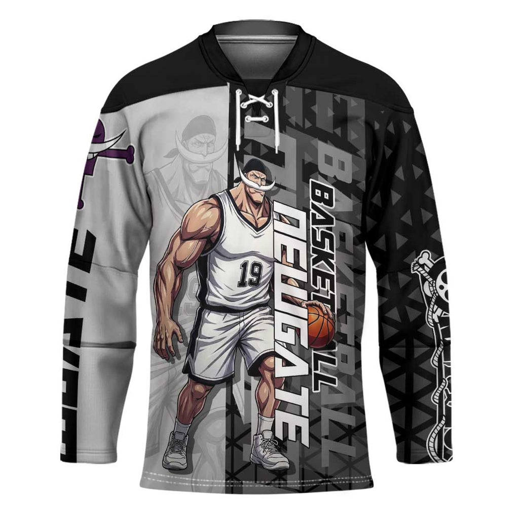 Whitebeard Newgate One Piece Basketball Theme Black and White Design Hockey Jersey with Crossed Moustache Emblem and Dominant Pose - The Mazicc