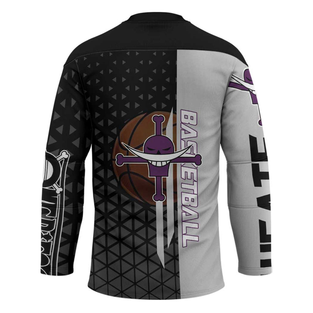 Whitebeard Newgate One Piece Basketball Theme Black and White Design Hockey Jersey with Crossed Moustache Emblem and Dominant Pose - The Mazicc