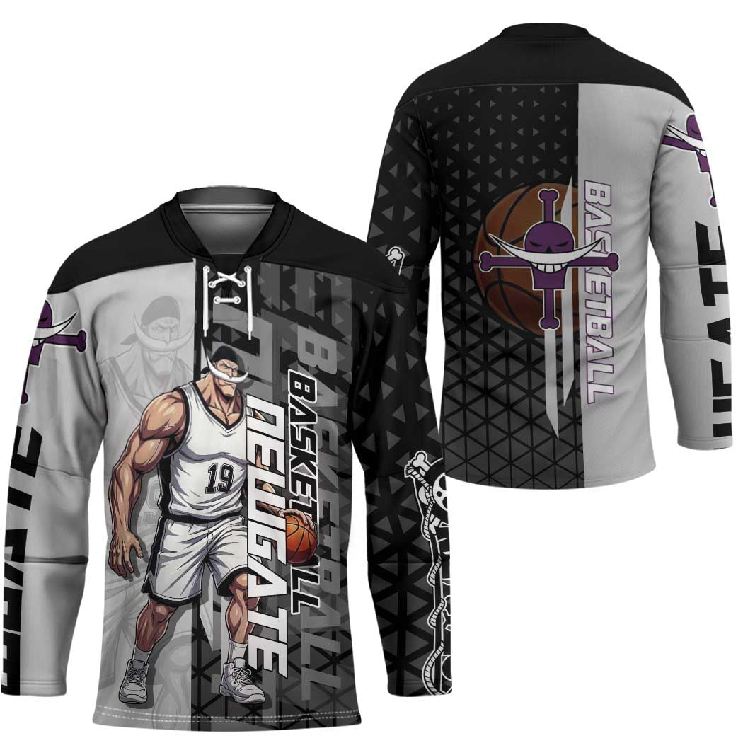 Whitebeard Newgate One Piece Basketball Theme Black and White Design Hockey Jersey with Crossed Moustache Emblem and Dominant Pose - The Mazicc