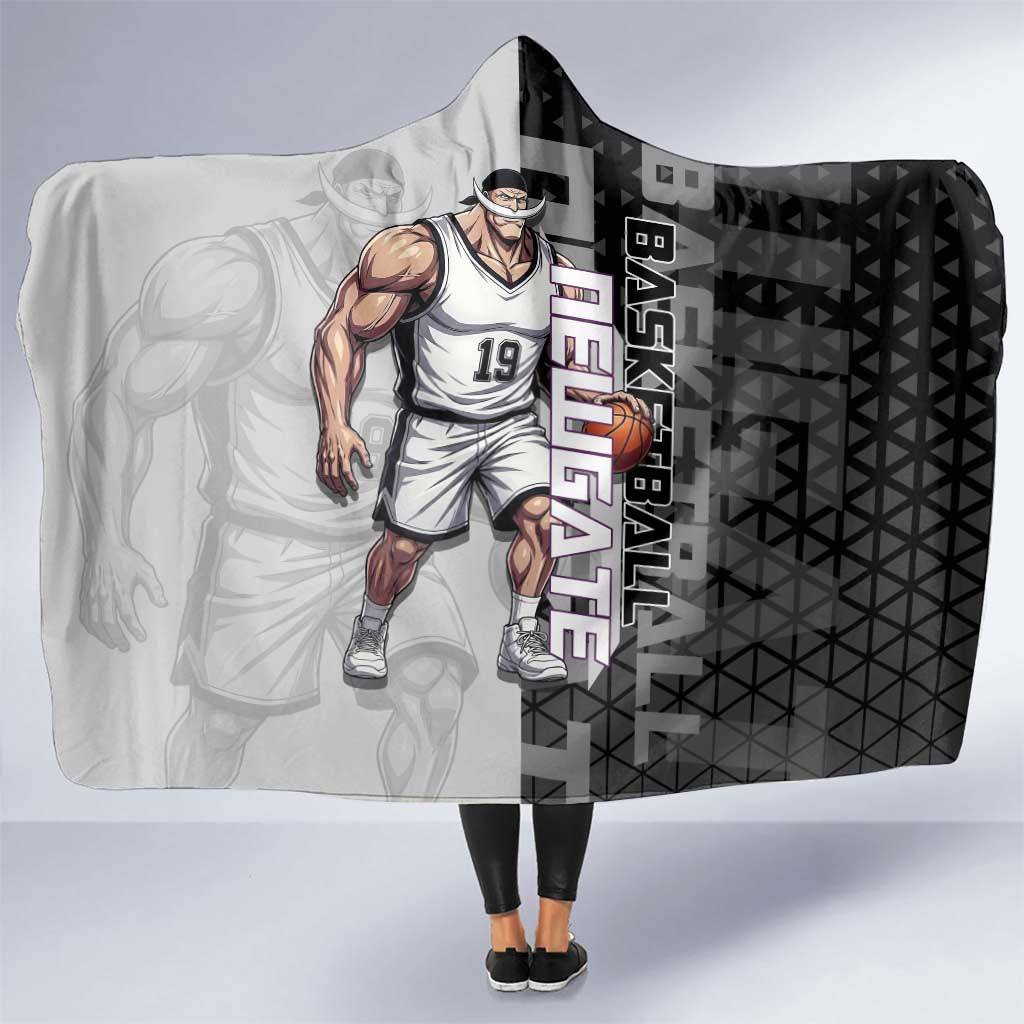 Whitebeard Newgate One Piece Basketball Theme Black and White Design Hooded Blanket with Crossed Moustache Emblem and Dominant Pose - The Mazicc