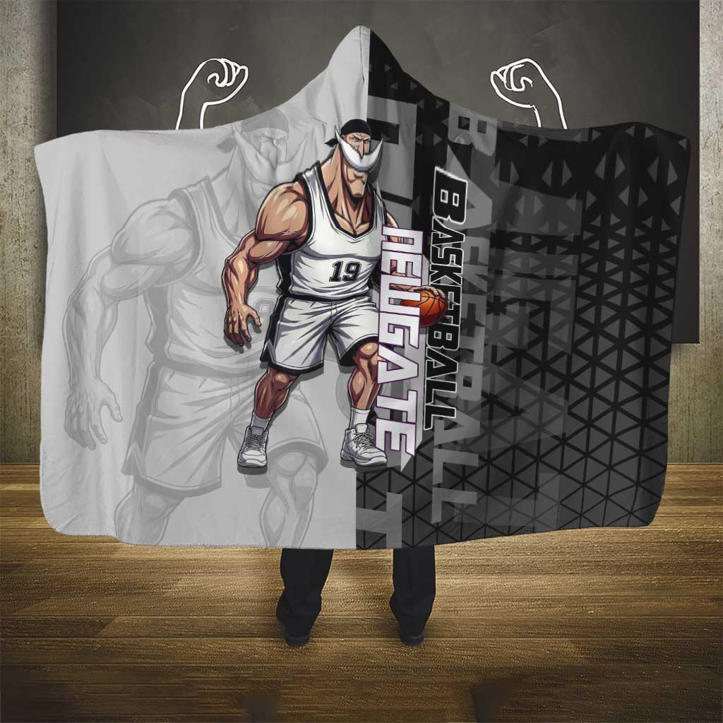 Whitebeard Newgate One Piece Basketball Theme Black and White Design Hooded Blanket with Crossed Moustache Emblem and Dominant Pose - The Mazicc