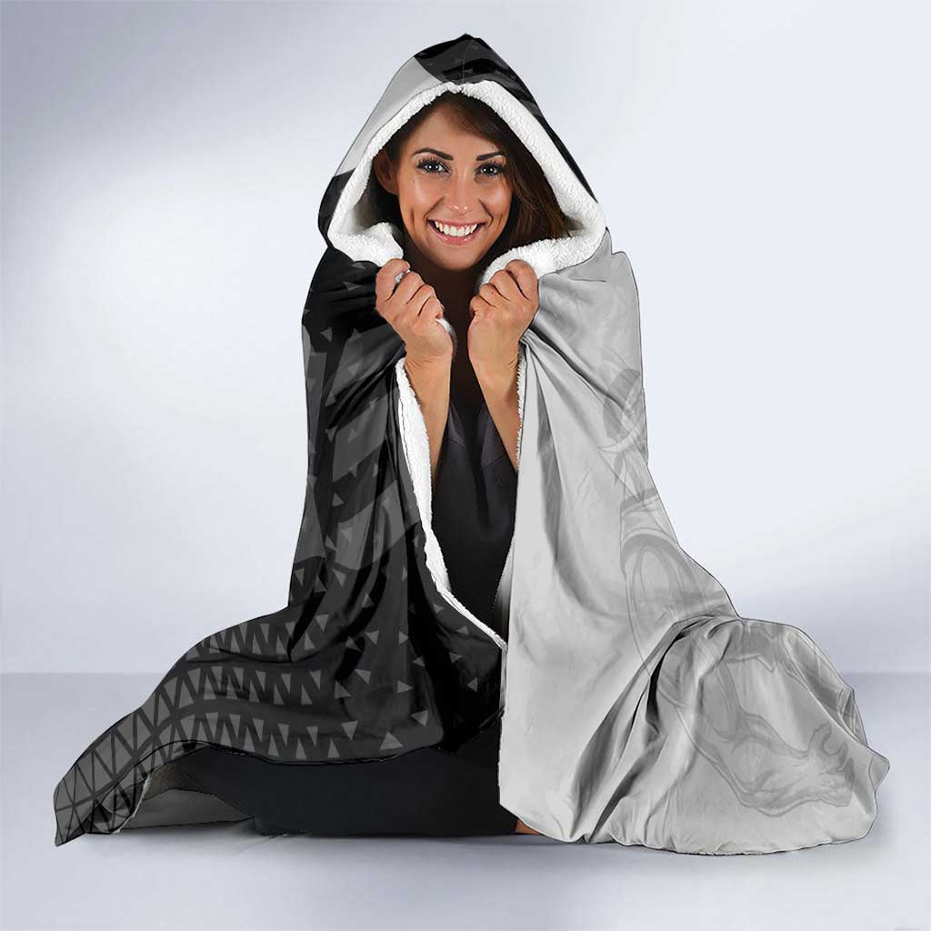 Whitebeard Newgate One Piece Basketball Theme Black and White Design Hooded Blanket with Crossed Moustache Emblem and Dominant Pose - The Mazicc