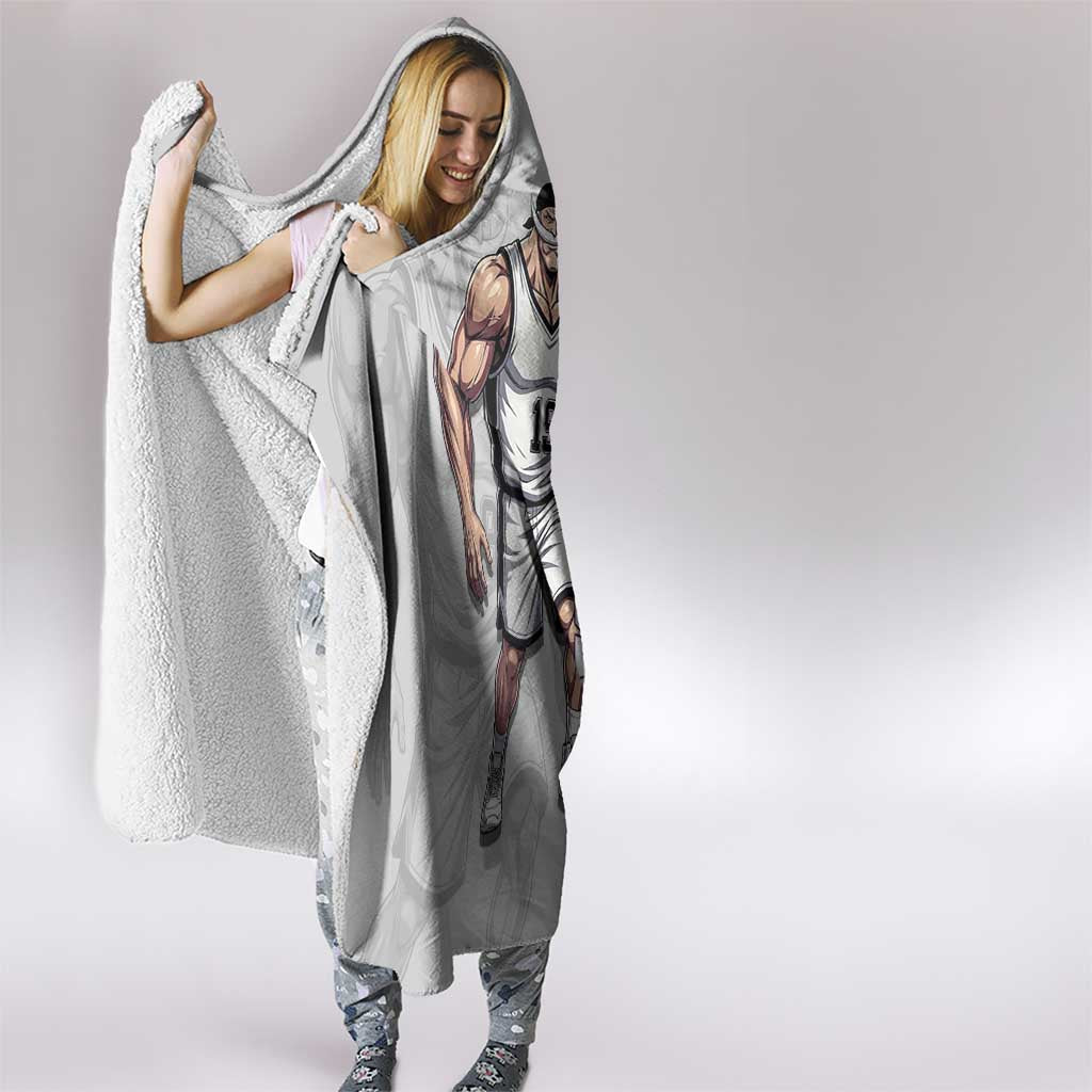 Whitebeard Newgate One Piece Basketball Theme Black and White Design Hooded Blanket with Crossed Moustache Emblem and Dominant Pose - The Mazicc