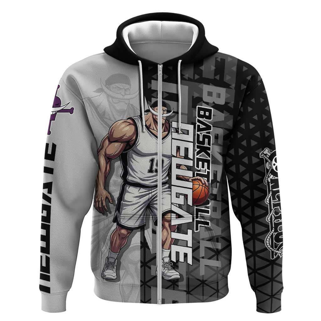 Whitebeard Newgate One Piece Basketball Theme Black and White Design Hoodie with Crossed Moustache Emblem and Dominant Pose - The Mazicc
