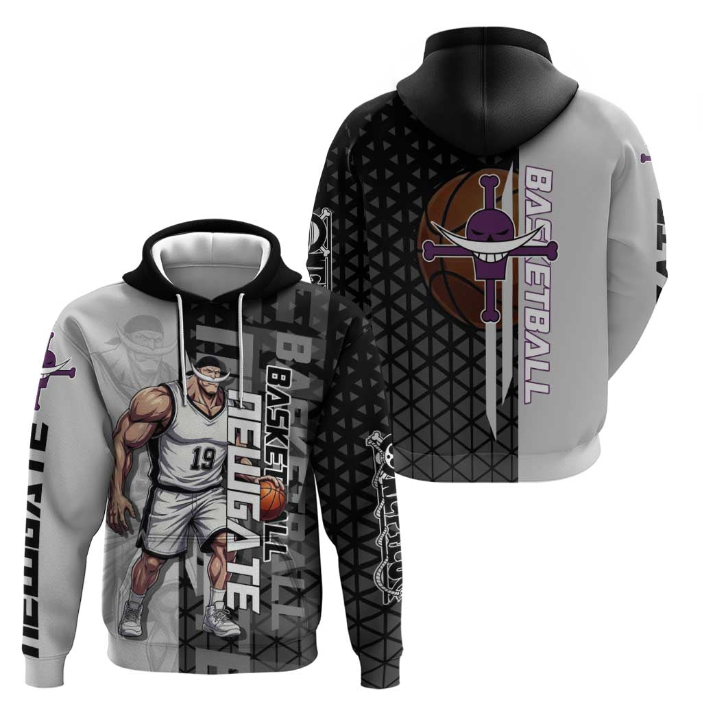 Whitebeard Newgate One Piece Basketball Theme Black and White Design Hoodie with Crossed Moustache Emblem and Dominant Pose - The Mazicc