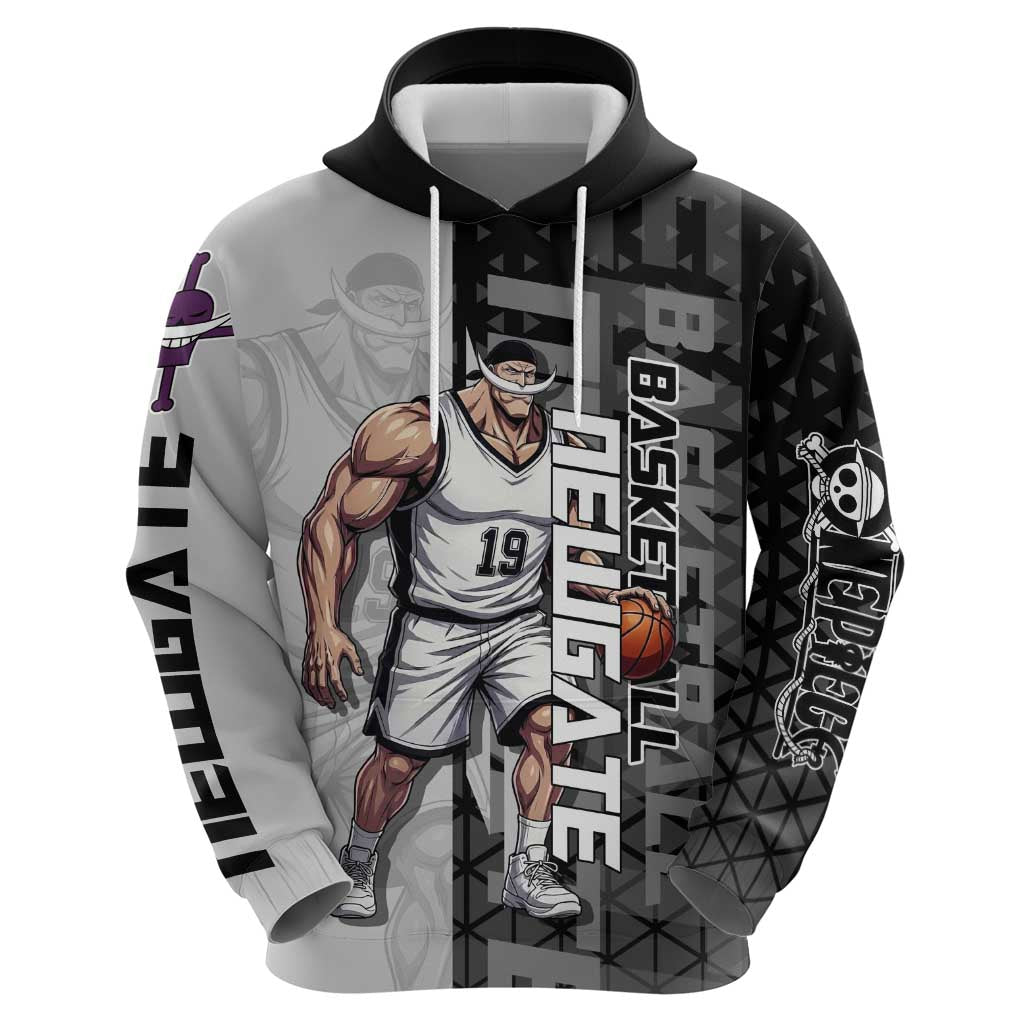 Whitebeard Newgate One Piece Basketball Theme Black and White Design Hoodie with Crossed Moustache Emblem and Dominant Pose - The Mazicc