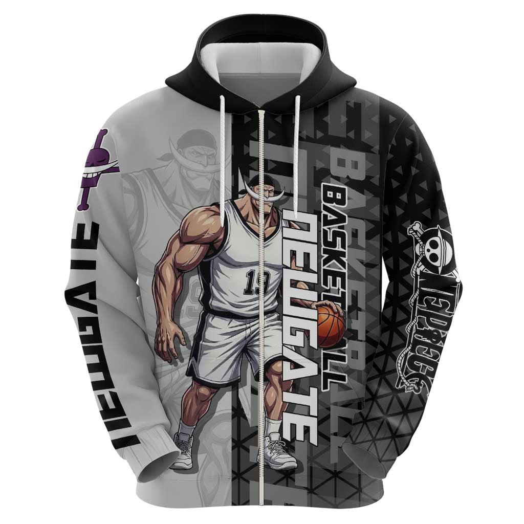 Whitebeard Newgate One Piece Basketball Theme Black and White Design Hoodie with Crossed Moustache Emblem and Dominant Pose - The Mazicc