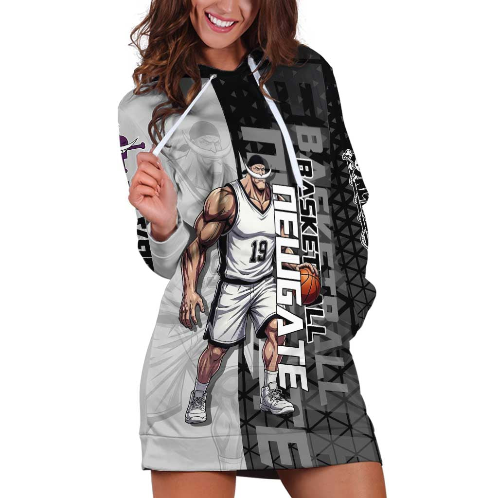 Whitebeard Newgate One Piece Basketball Theme Black and White Design Hoodie Dress with Crossed Moustache Emblem and Dominant Pose - The Mazicc