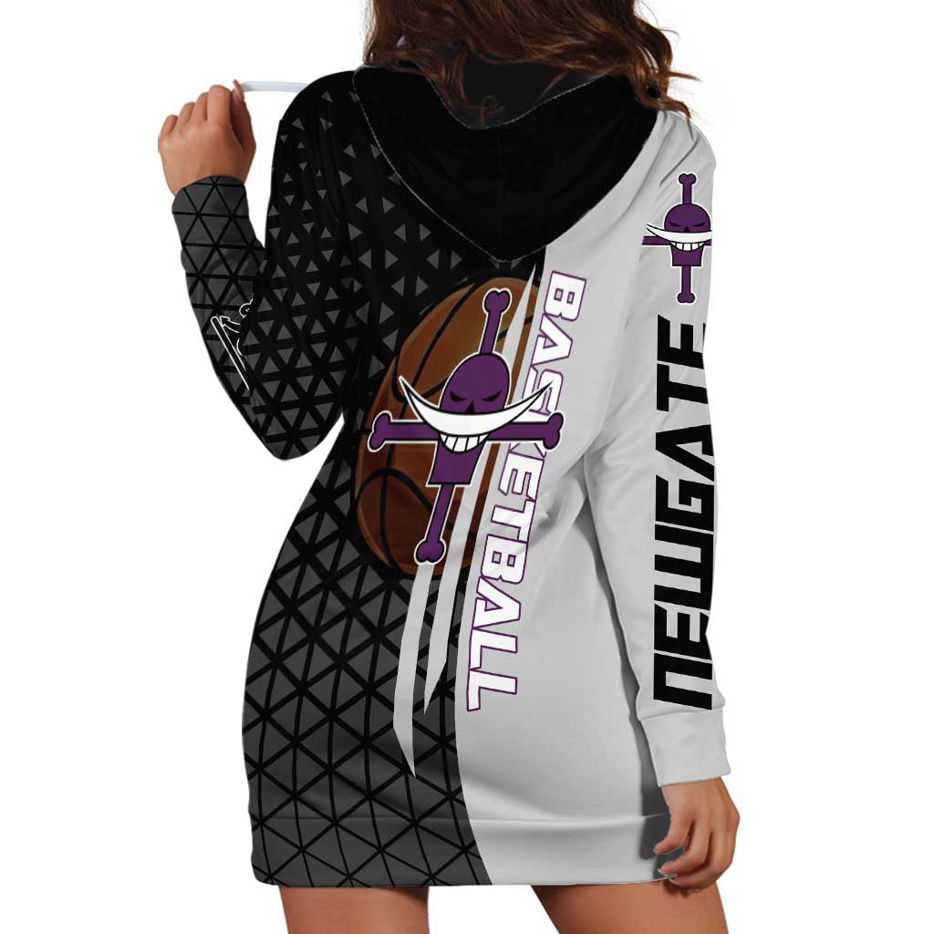 Whitebeard Newgate One Piece Basketball Theme Black and White Design Hoodie Dress with Crossed Moustache Emblem and Dominant Pose - The Mazicc