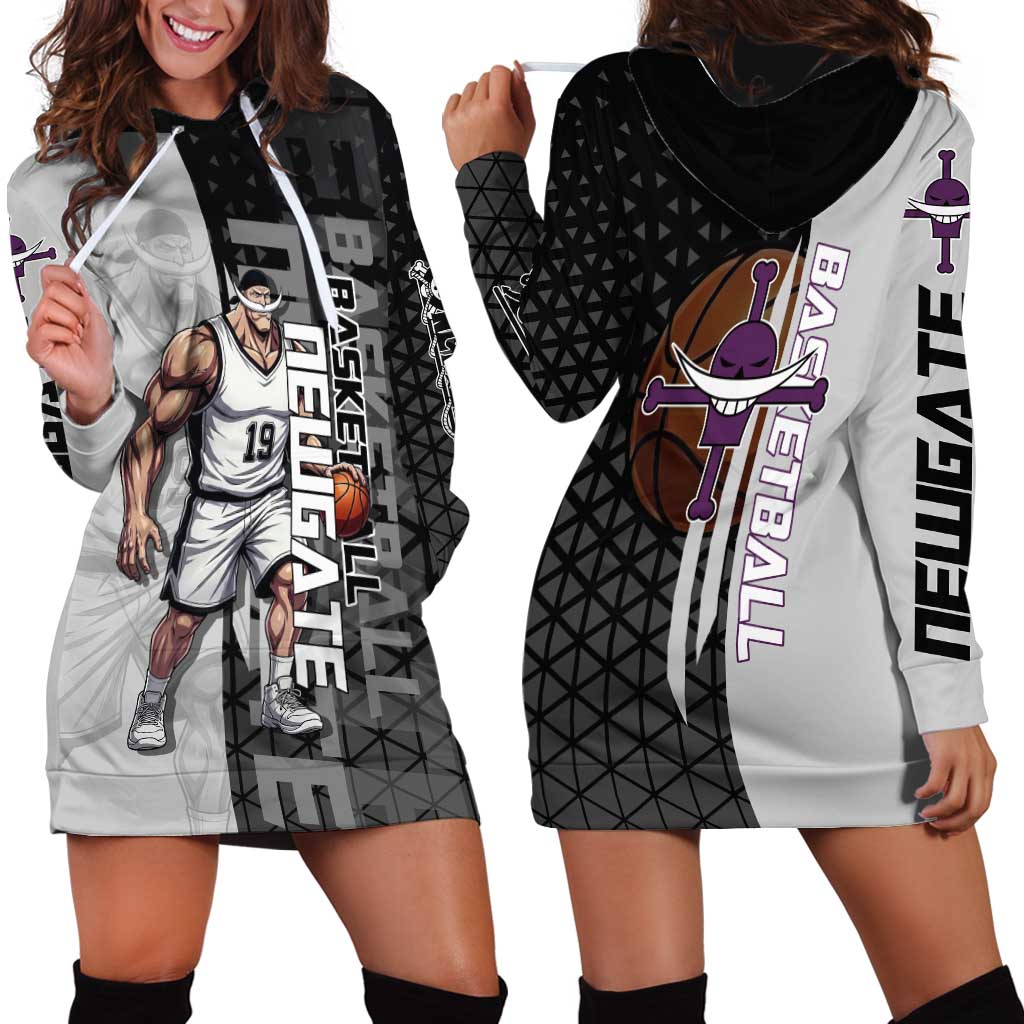 Whitebeard Newgate One Piece Basketball Theme Black and White Design Hoodie Dress with Crossed Moustache Emblem and Dominant Pose - The Mazicc