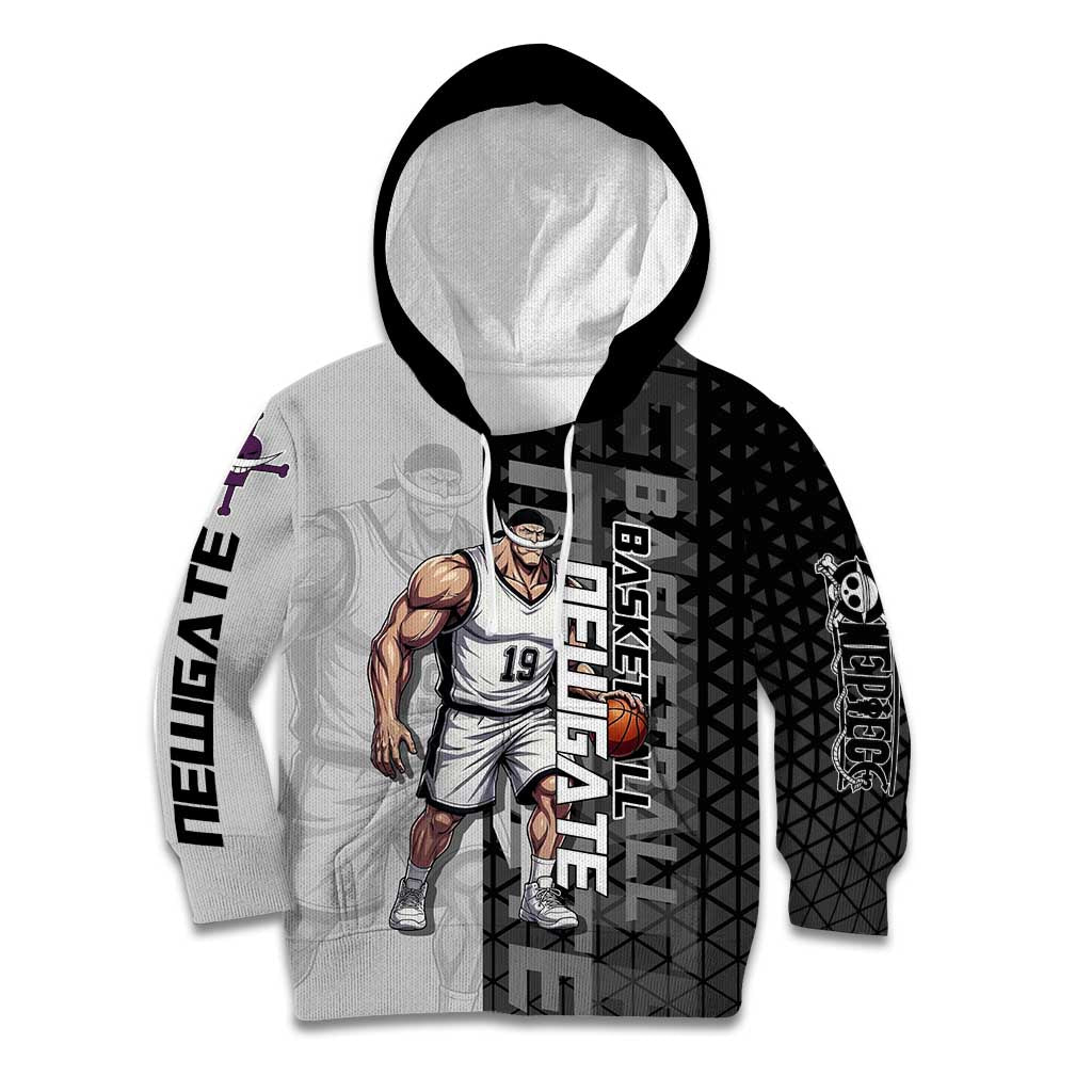Whitebeard Newgate One Piece Basketball Theme Black and White Design Kid Hoodie with Crossed Moustache Emblem and Dominant Pose - The Mazicc