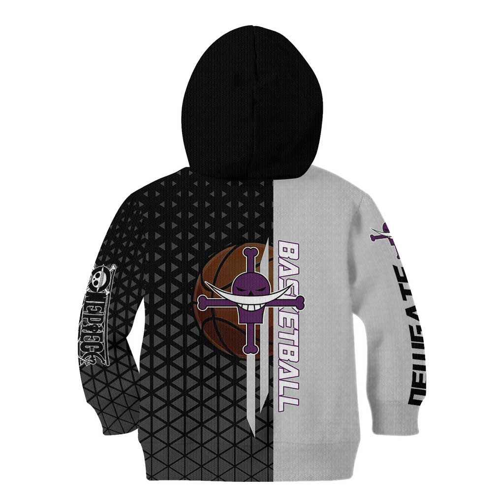 Whitebeard Newgate One Piece Basketball Theme Black and White Design Kid Hoodie with Crossed Moustache Emblem and Dominant Pose - The Mazicc