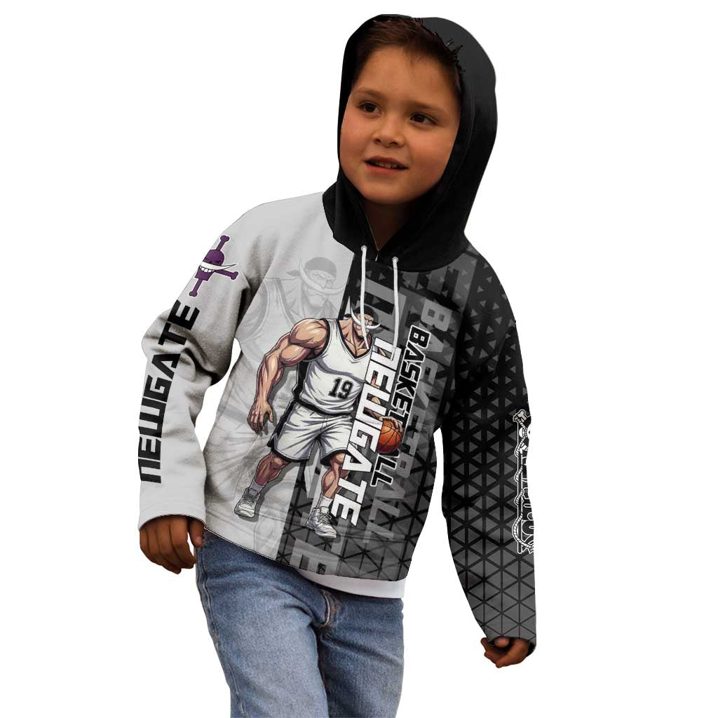 Whitebeard Newgate One Piece Basketball Theme Black and White Design Kid Hoodie with Crossed Moustache Emblem and Dominant Pose - The Mazicc