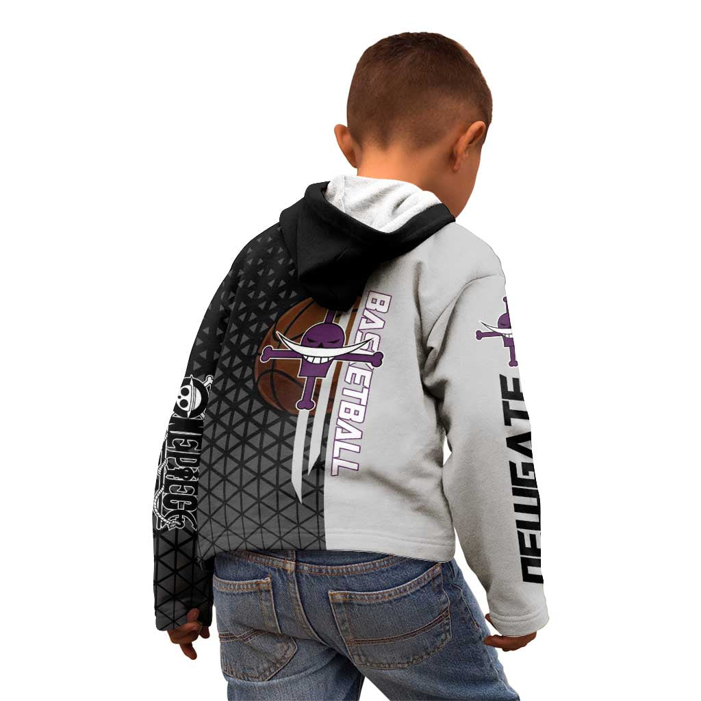 Whitebeard Newgate One Piece Basketball Theme Black and White Design Kid Hoodie with Crossed Moustache Emblem and Dominant Pose - The Mazicc