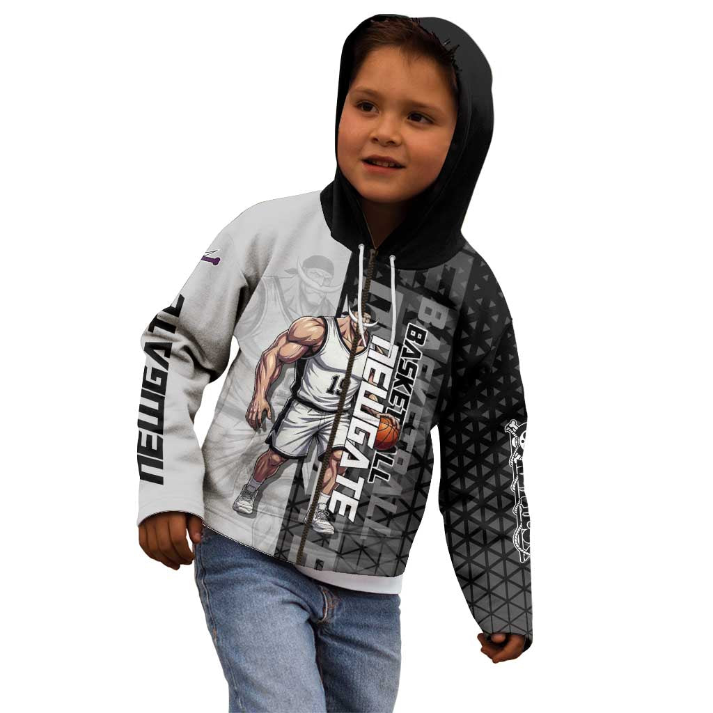 Whitebeard Newgate One Piece Basketball Theme Black and White Design Kid Hoodie with Crossed Moustache Emblem and Dominant Pose - The Mazicc