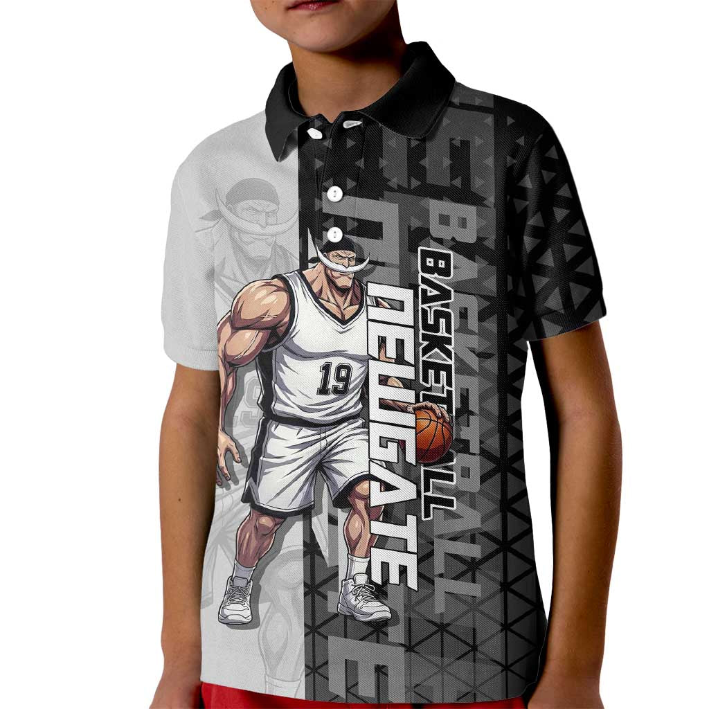 Whitebeard Newgate One Piece Basketball Theme Black and White Design Kid Polo Shirt with Crossed Moustache Emblem and Dominant Pose - The Mazicc